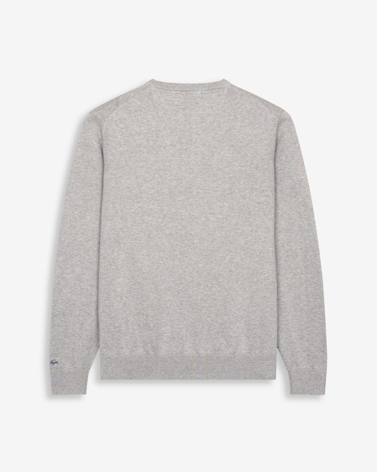 Jersey ICON en algodón gris jaspeado de Harper & Neyer, bodegón trasero con firma Neyer en la manga