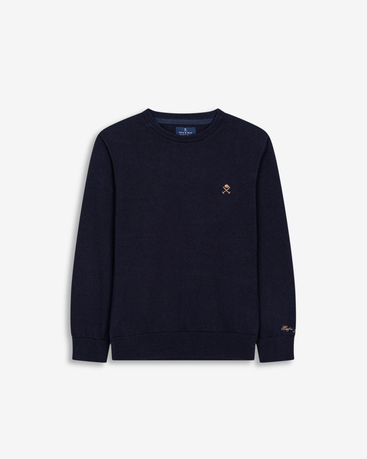 Jersey ICON R KIDS de Harper & Neyer en punto azul marino, vista frontal con el logo bordado en camel