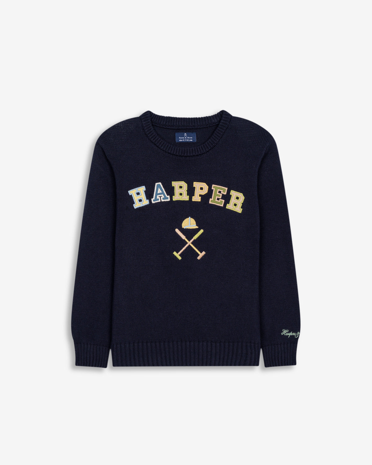 Jersey RETRO KIDS de Harper & Neyer en azul marino, vista frontal con gráfico grande en camel y mostaza