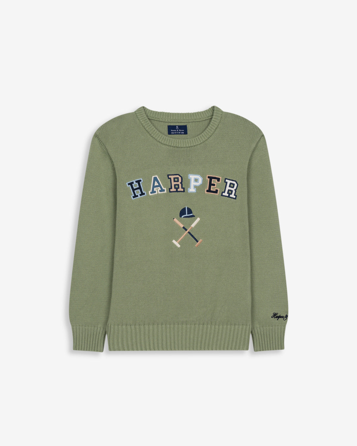 Jersey RETRO KIDS de Harper & Neyer en verde salvia, vista frontal con gráfico grande en crudo y marino