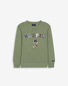Jersey RETRO KIDS de Harper & Neyer en verde salvia, vista frontal con gráfico grande en crudo y marino