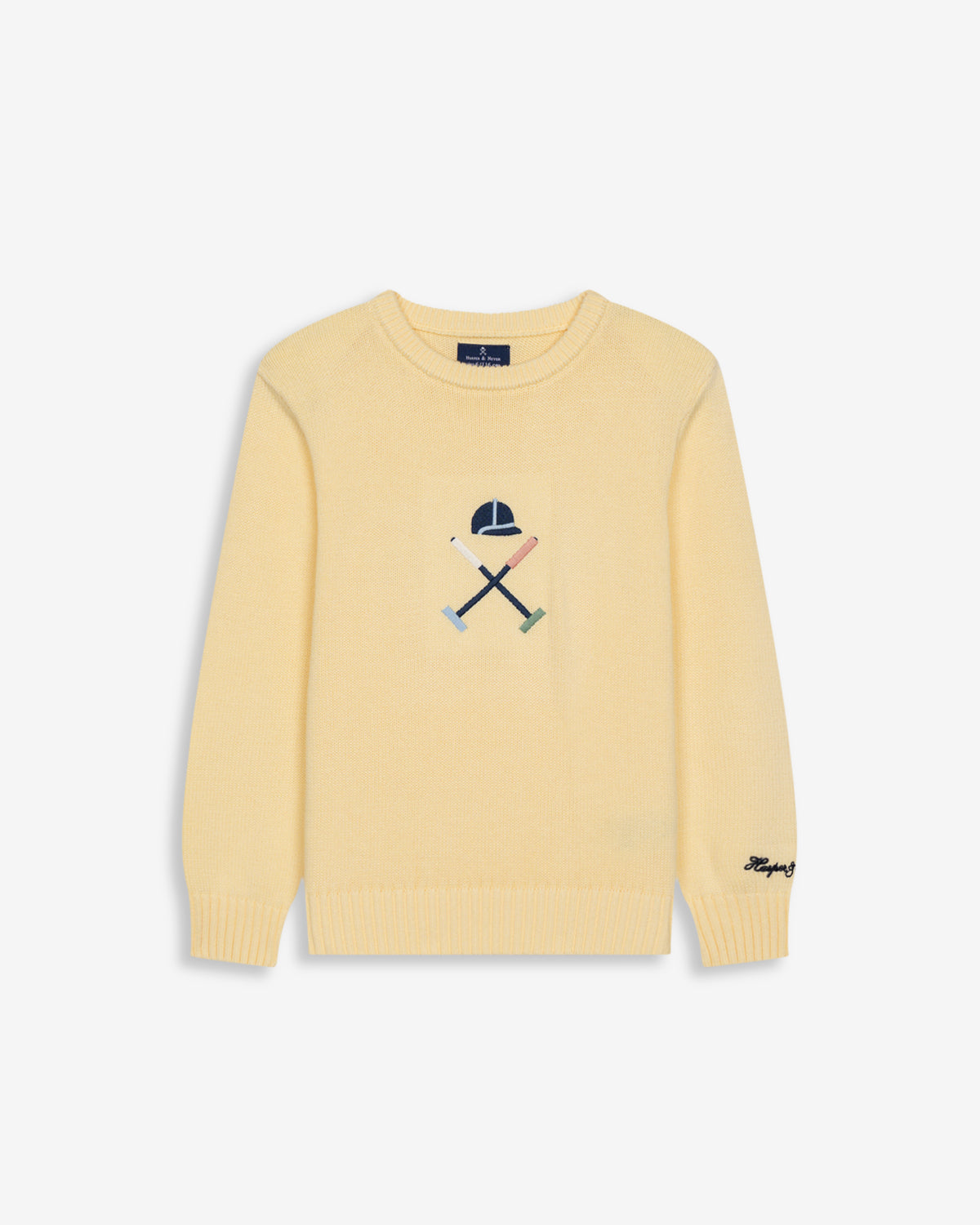 Jersey VERMONT KIDS de Harper & Neyer en punto amarillo suave, vista frontal con bordado del nombre