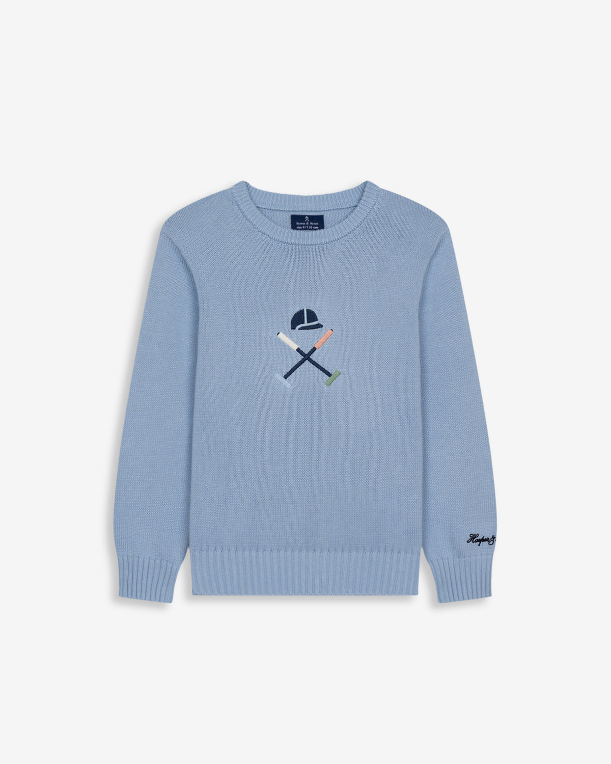Jersey VERMONT KIDS de Harper & Neyer en punto azul cielo, vista frontal con bordado del nombre