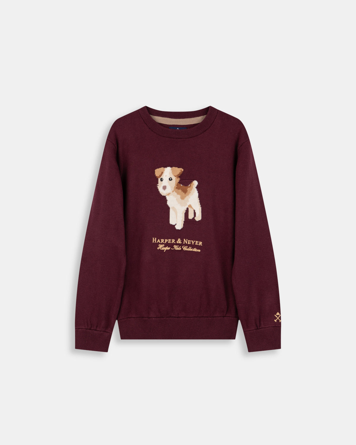 Jersey Windsor Tails Kids de Harper & Neyer en burdeos, bodegón frontal con detalle de terrier