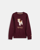 Jersey Windsor Tails Kids de Harper & Neyer en burdeos, bodegón frontal con detalle de terrier
