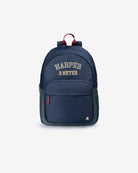 Mochila PREPPY de Harper & Neyer en azul marino con letras varsity y asa burdeos, vista frontal completa
