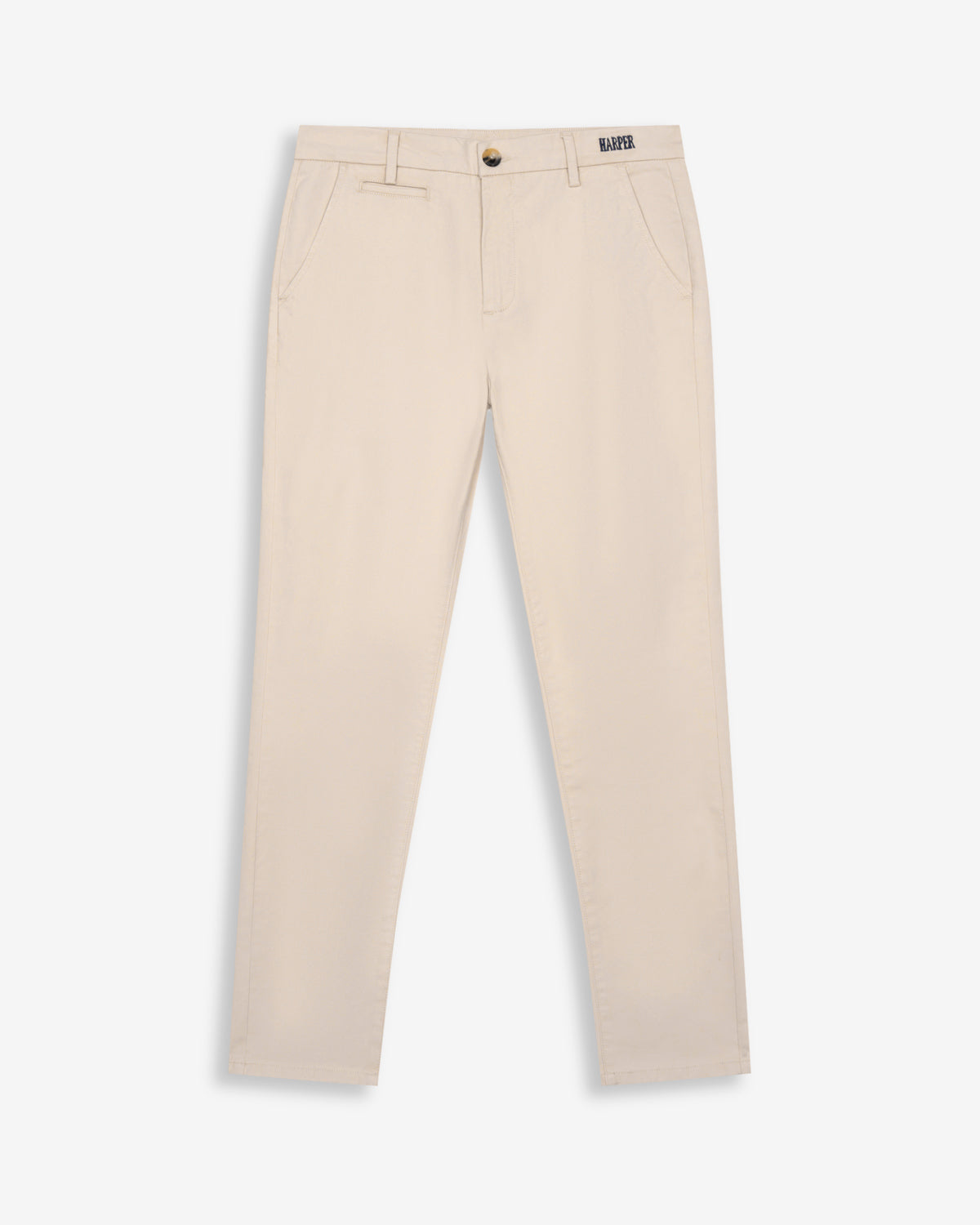 Pantalón chino ICON de Harper & Neyer en camel, bodegón frontal del corte recto