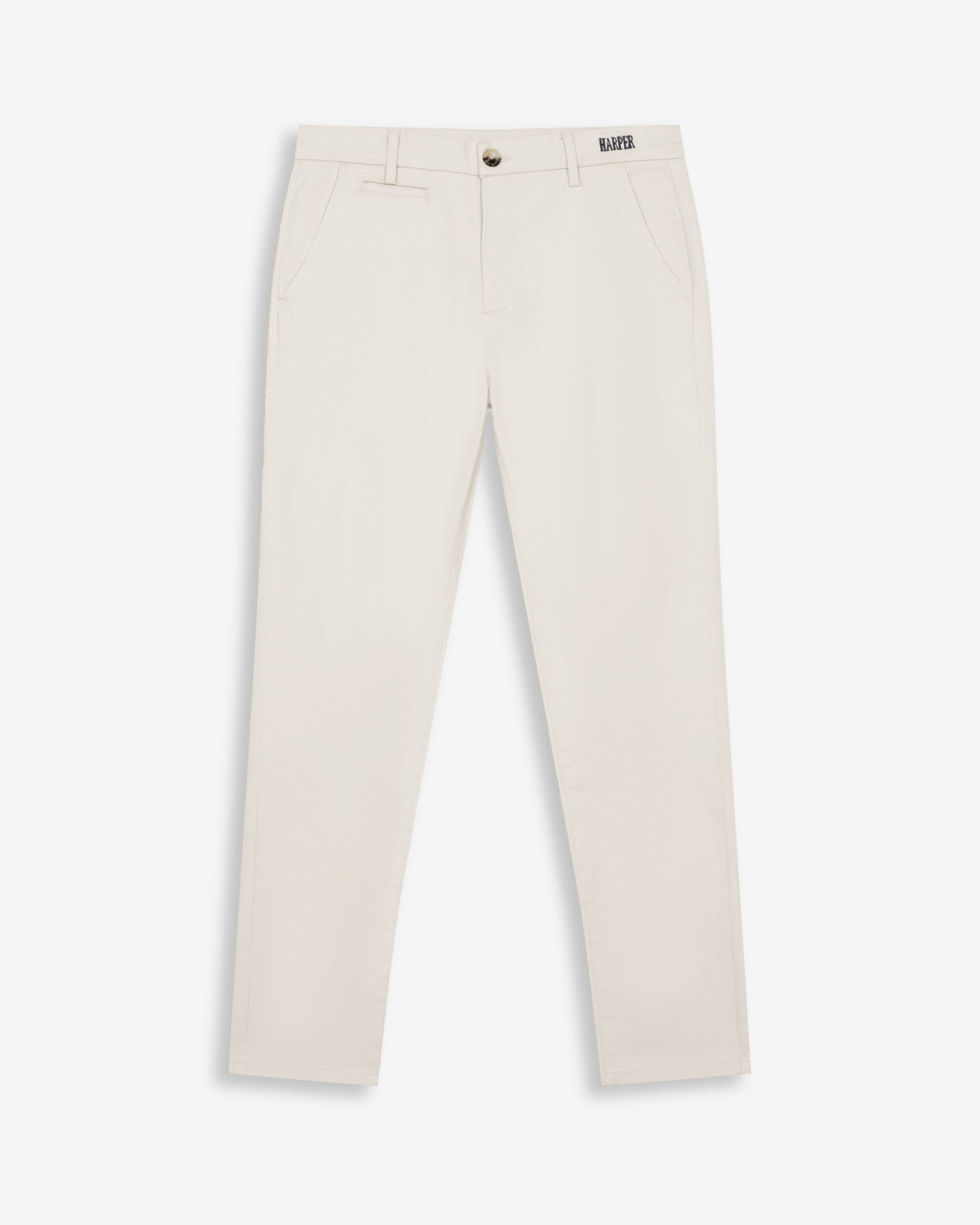 Pantalón chino ICON de Harper & Neyer en crudo, bodegón frontal del corte recto