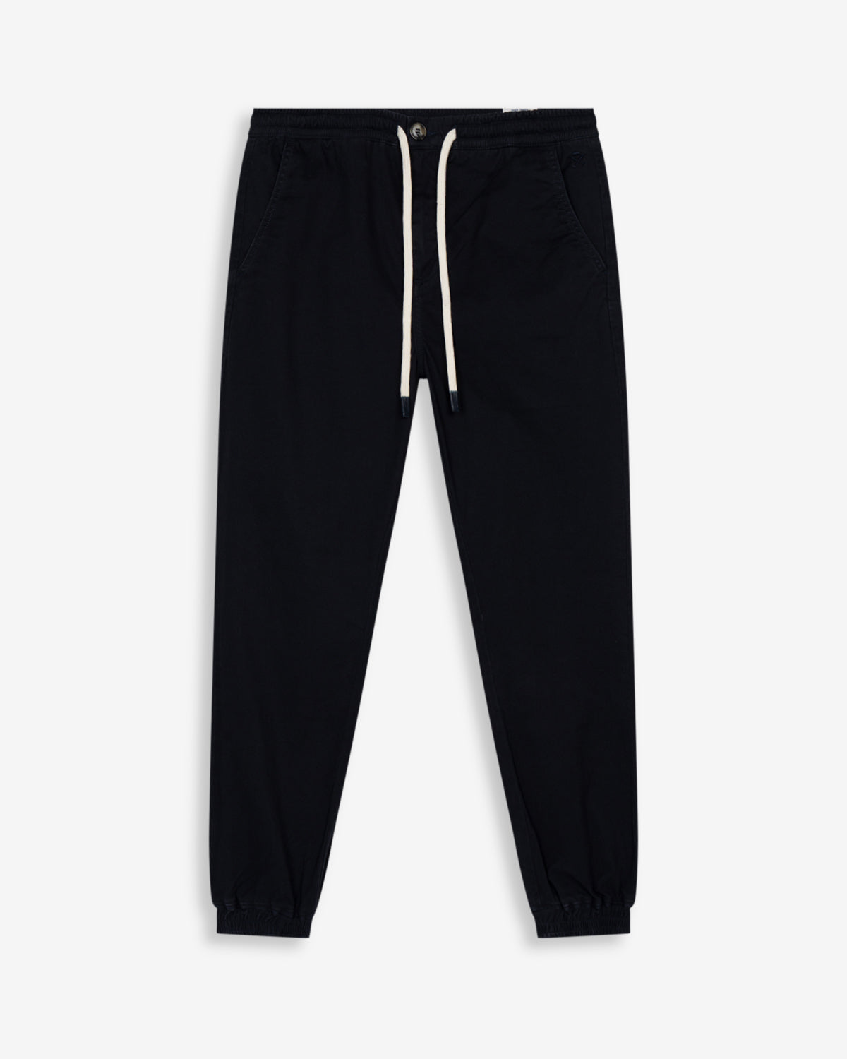 Pantalón jogger de Harper & Neyer en azul marino con cordón, cintura elástica y puños, vista frontal