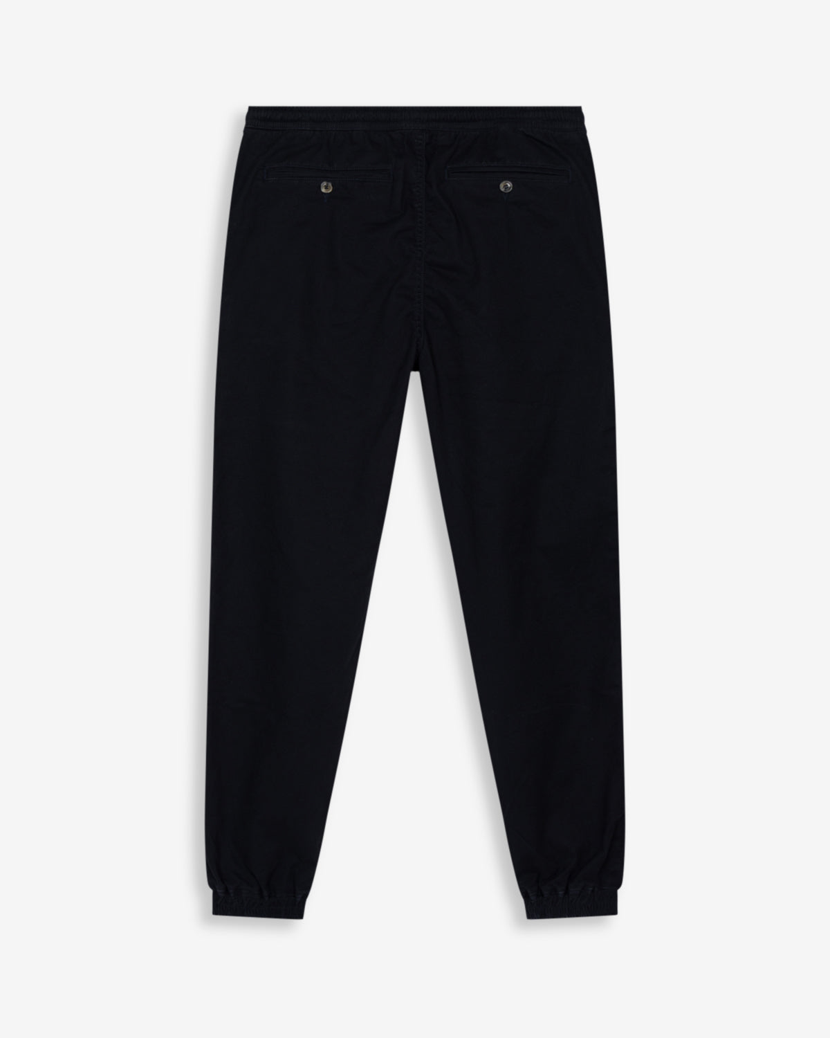 Pantalón jogger de Harper & Neyer en azul marino con bolsillos traseros abotonados y puños, vista trasera