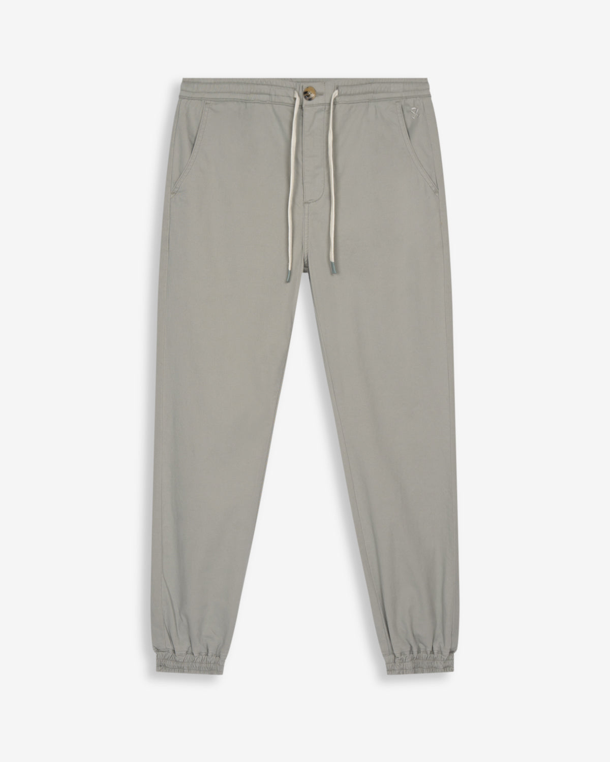 Pantalón jogger de Harper & Neyer en gris verdoso claro con cordón, cintura elástica y puños, vista frontal