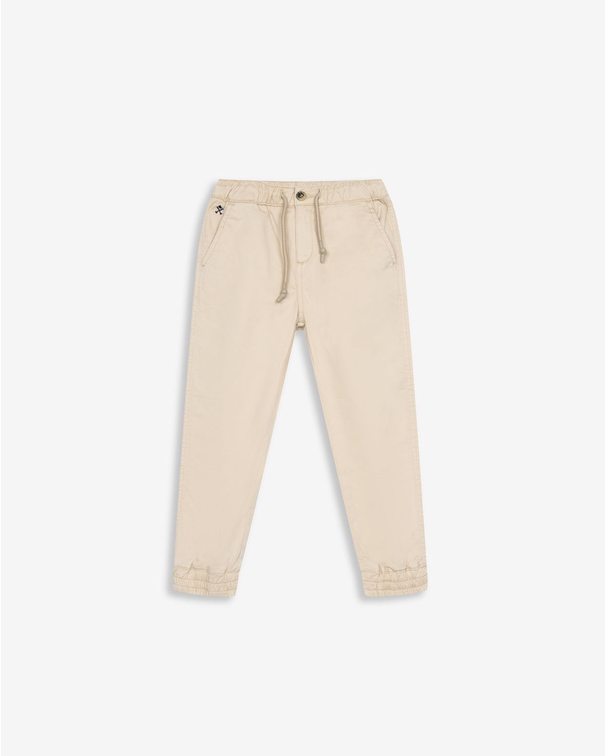 Pantalón jogger KIDS de Harper & Neyer en beige tostado, vista frontal con cintura elástica y cordón