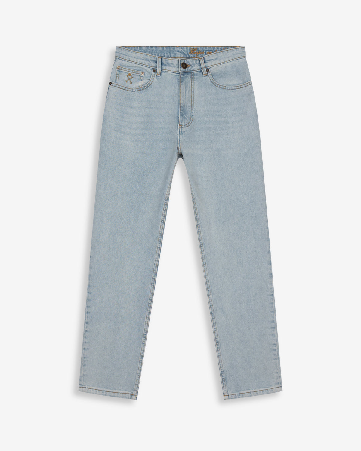 Pantalón vaquero de Harper & Neyer en denim claro, corte regular, vista frontal con cinco bolsillos
