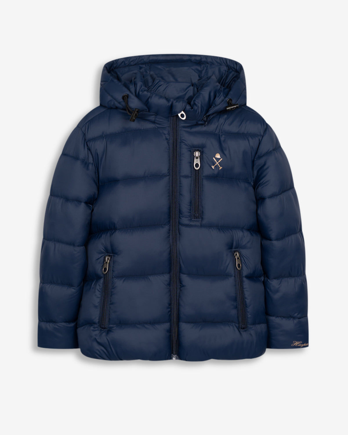 Parka acolchada GALWAY KIDS de Harper & Neyer en azul marino, vista frontal con capucha y cremallera