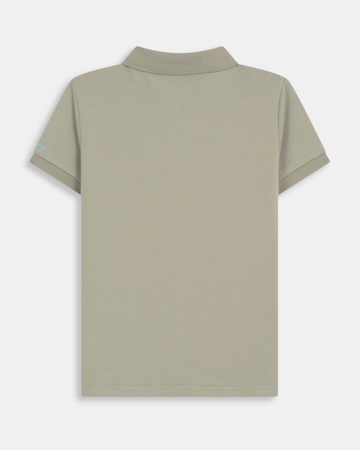 Polo Pirate Kids en algodón verde gris, plano trasero con cuello de canalé y texto Harper en manga en turquesa