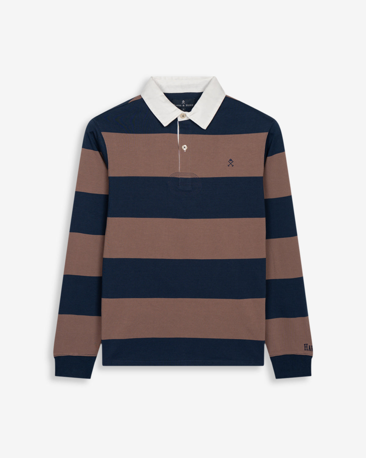Polo RUGBY de Harper & Neyer en algodón a rayas azul marino y taupe, bodegón frontal con cuello crudo