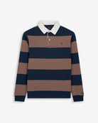 Polo RUGBY de Harper & Neyer en algodón a rayas azul marino y taupe, bodegón frontal con cuello crudo