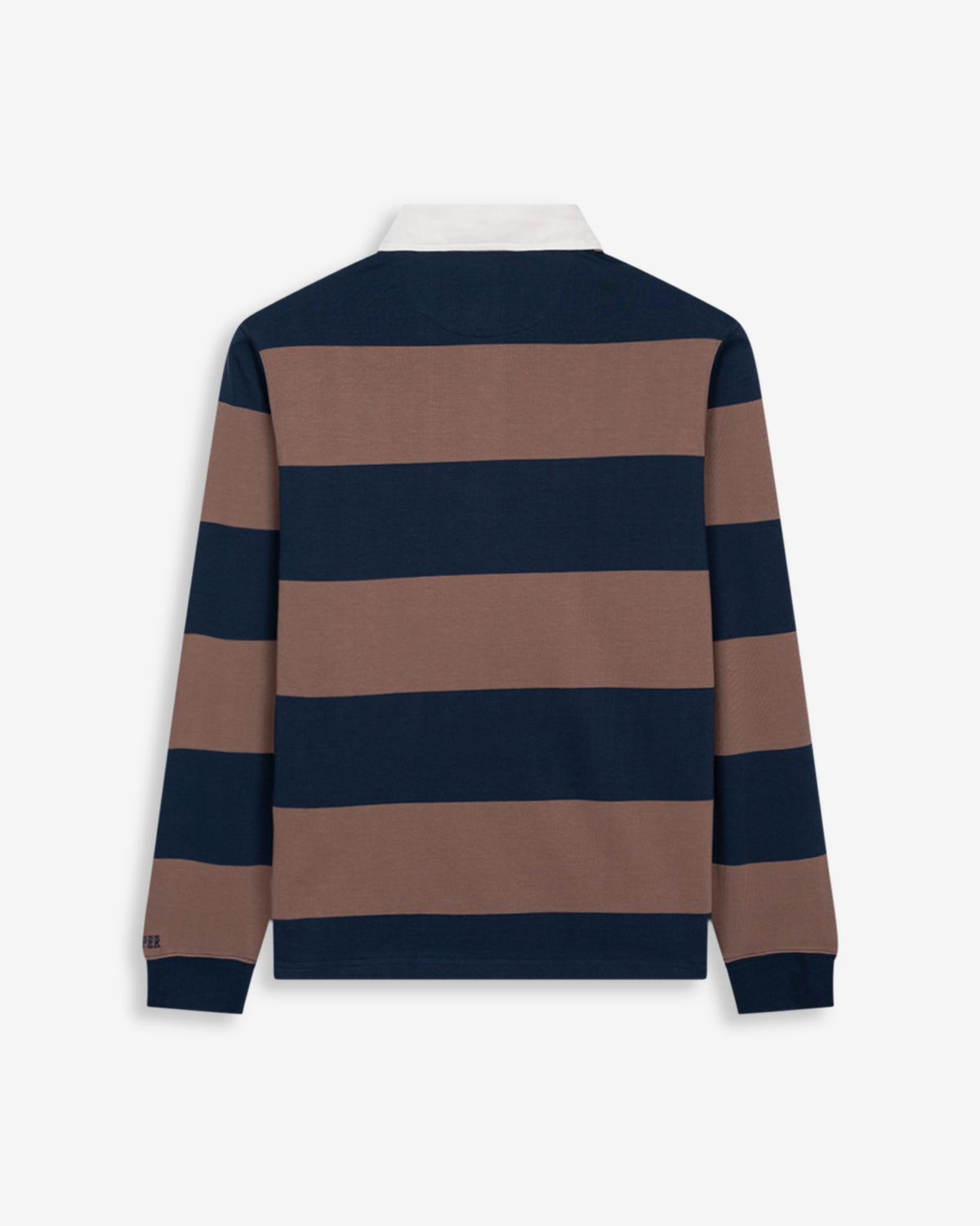 Polo RUGBY a rayas azul marino y taupe de Harper & Neyer, bodegón trasero con firma HARPER en el puño
