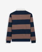 Polo RUGBY a rayas azul marino y taupe de Harper & Neyer, bodegón trasero con firma HARPER en el puño