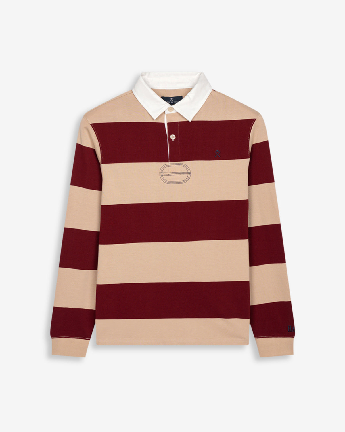 Polo RUGBY de Harper & Neyer en algodón a rayas burdeos y beige arena, bodegón frontal con cuello crudo