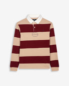 Polo RUGBY de Harper & Neyer en algodón a rayas burdeos y beige arena, bodegón frontal con cuello crudo