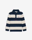 Polo rugby KIDS de Harper & Neyer a rayas azul marino y crudo, vista frontal con logo de la marca bordado