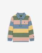 Polo rugby KIDS de Harper & Neyer a rayas multicolor, vista frontal con cuello y tapeta en azul acero