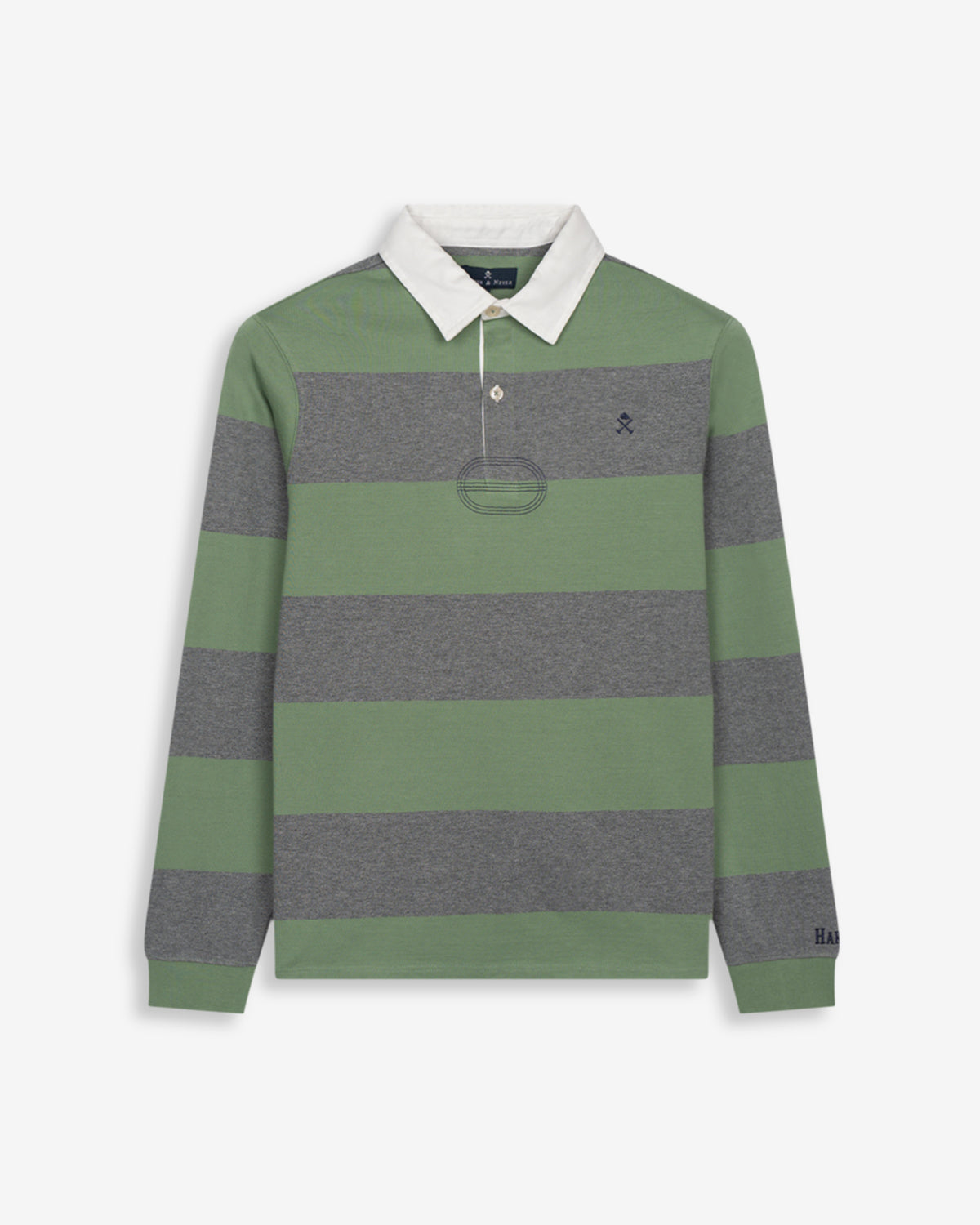 Polo RUGBY de Harper & Neyer en algodón a rayas verde salvia y gris jaspeado, bodegón frontal con cuello crudo