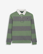 Polo RUGBY de Harper & Neyer en algodón a rayas verde salvia y gris jaspeado, bodegón frontal con cuello crudo