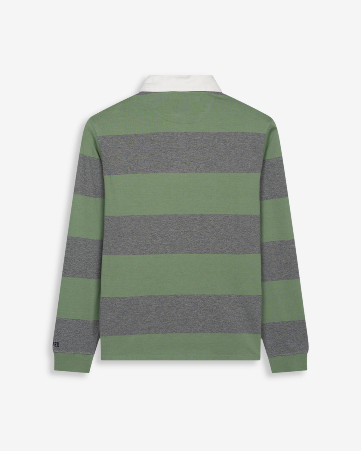 Polo RUGBY a rayas verde salvia y gris jaspeado de Harper & Neyer, bodegón trasero con firma en el puño