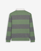 Polo RUGBY a rayas verde salvia y gris jaspeado de Harper & Neyer, bodegón trasero con firma en el puño
