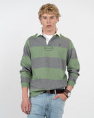 Polo RUGBY de Harper & Neyer en algodón a rayas verde salvia y gris jaspeado, vista frontal con cuello crudo