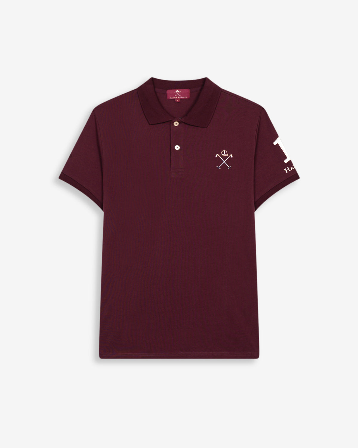Polo WINNER de Harper & Neyer en algodón burdeos, bodegón frontal con número uno blanco en la manga