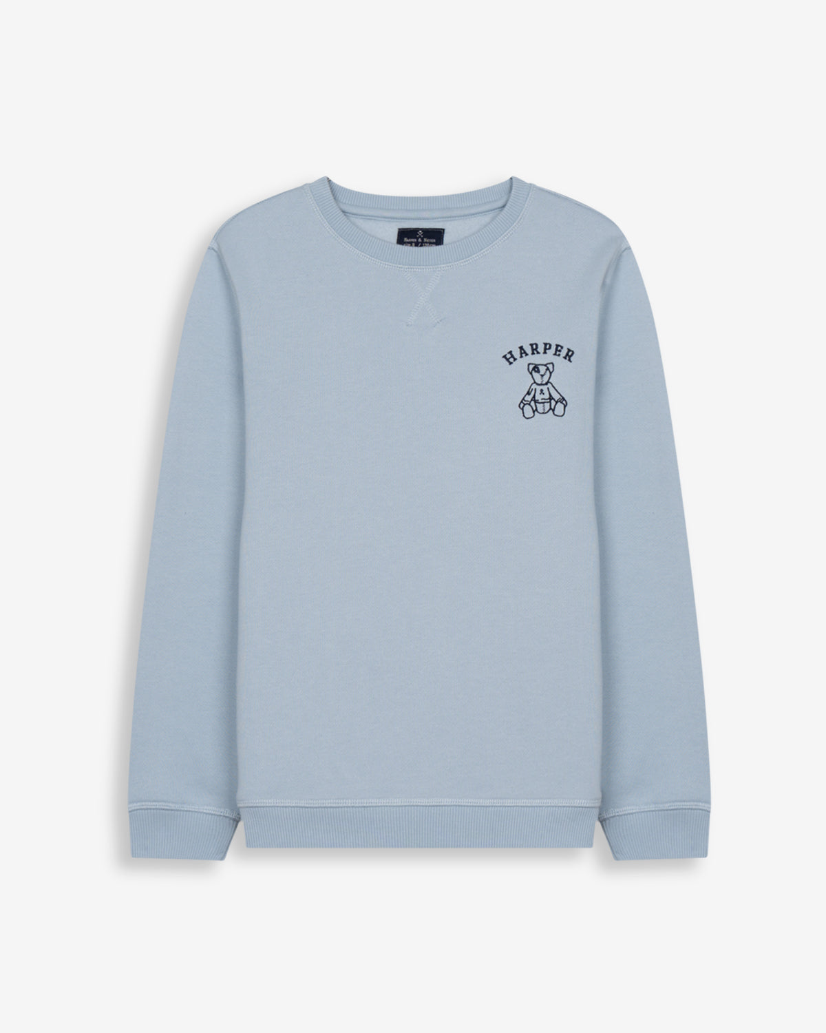Sudadera ARTHUR KIDS azul cielo de Harper & Neyer, vista frontal con bordado Harper y osito en el pecho