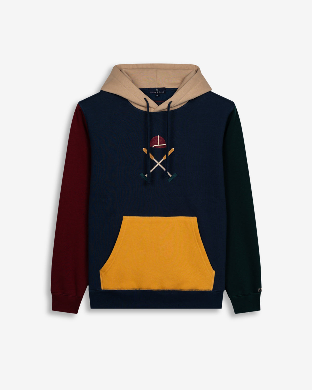 Sudadera ATLANTHA multicolor de Harper & Neyer, vista frontal con cuerpo azul marino, mangas burdeos y verde botella, bolsillo mostaza y capucha beige