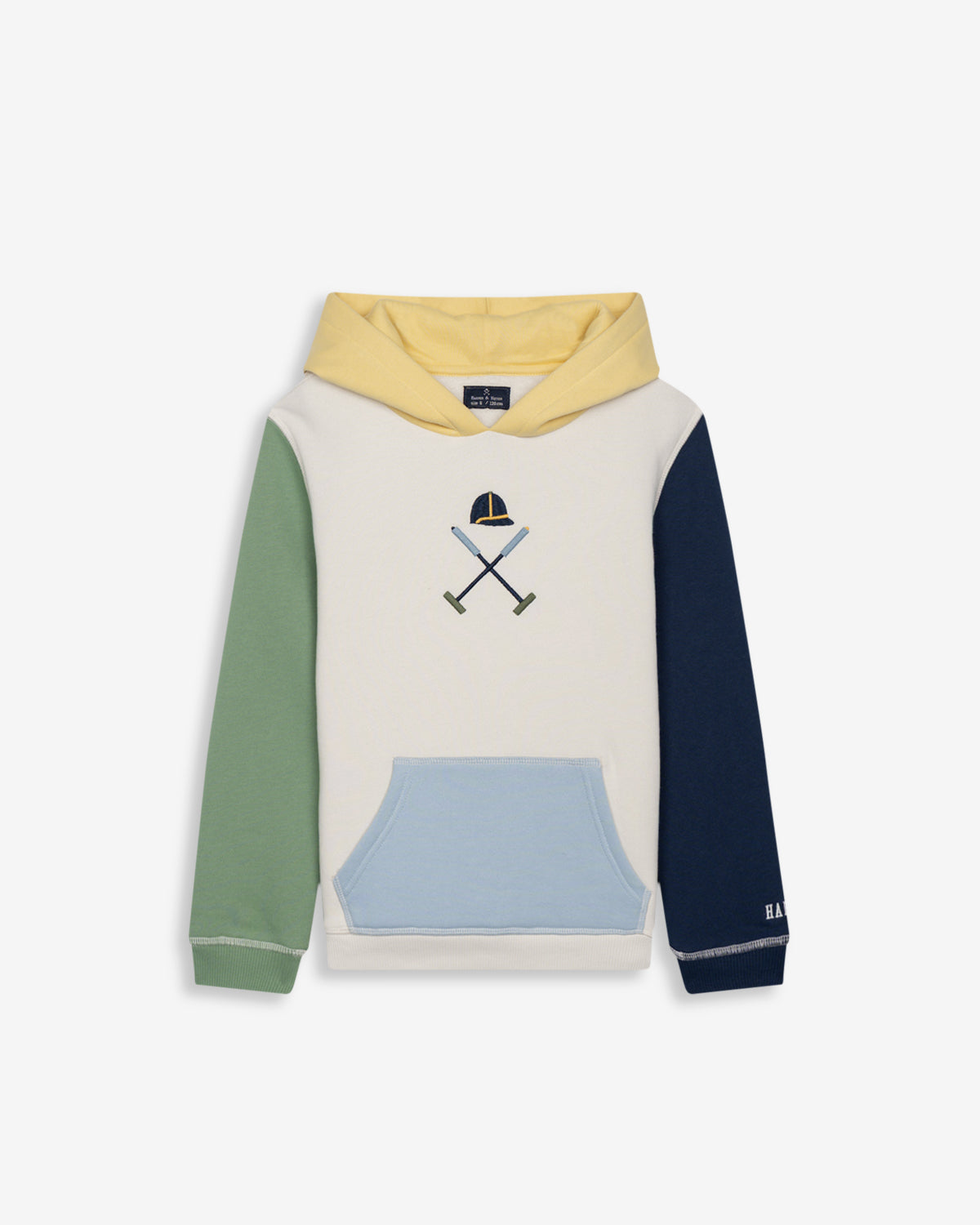 Sudadera ATLANTHA KIDS con capucha color block de Harper & Neyer en crudo, vista frontal con bordado del icono en el pecho