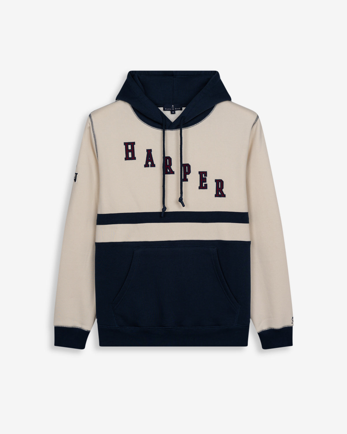 Sudadera DALLAS de Harper & Neyer en crudo y azul marino, vista frontal color-block con capucha y bordado HARPER