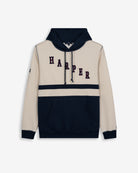 Sudadera DALLAS de Harper & Neyer en crudo y azul marino, vista frontal color-block con capucha y bordado HARPER