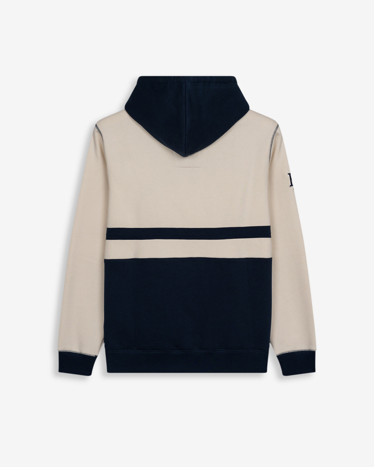 Sudadera DALLAS de Harper & Neyer en crudo y azul marino, vista trasera con capucha bicolor y doble franja horizontal