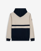 Sudadera DALLAS de Harper & Neyer en crudo y azul marino, vista trasera con capucha bicolor y doble franja horizontal