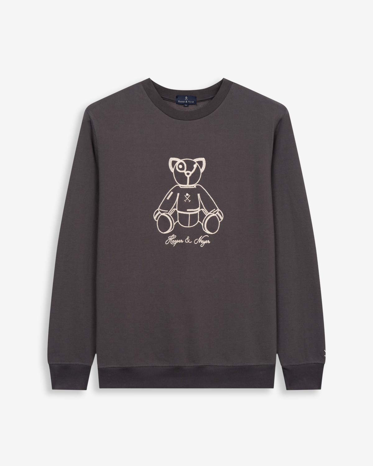 Sudadera FLUFFY BEAR de Harper & Neyer en antracita, vista frontal con oso ilustrado bordado en hilo crudo