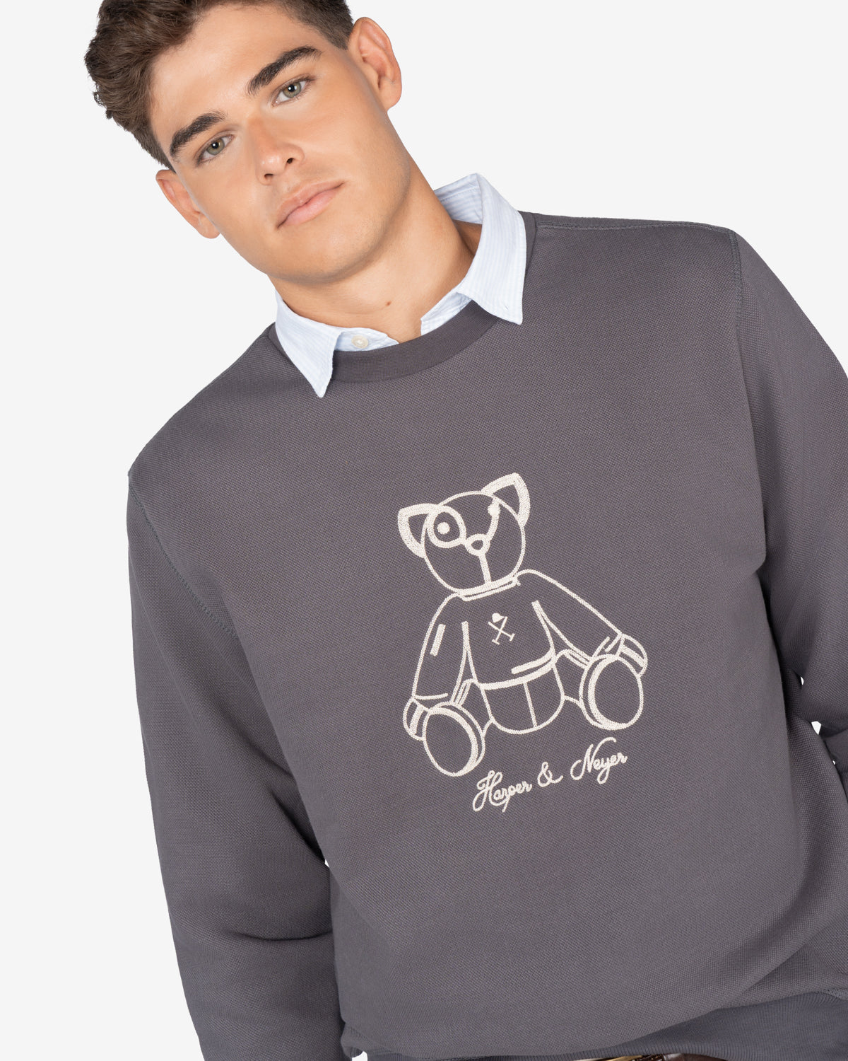 Sudadera FLUFFY BEAR de Harper & Neyer en antracita, plano medio con oso ilustrado y oxford asomando por el cuello