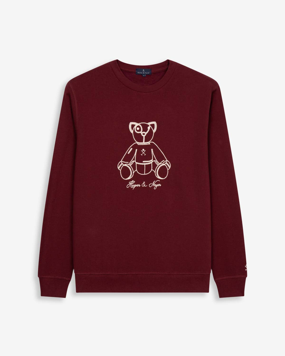 Sudadera FLUFFY BEAR de Harper & Neyer en burdeos, vista frontal con oso ilustrado bordado en hilo crudo