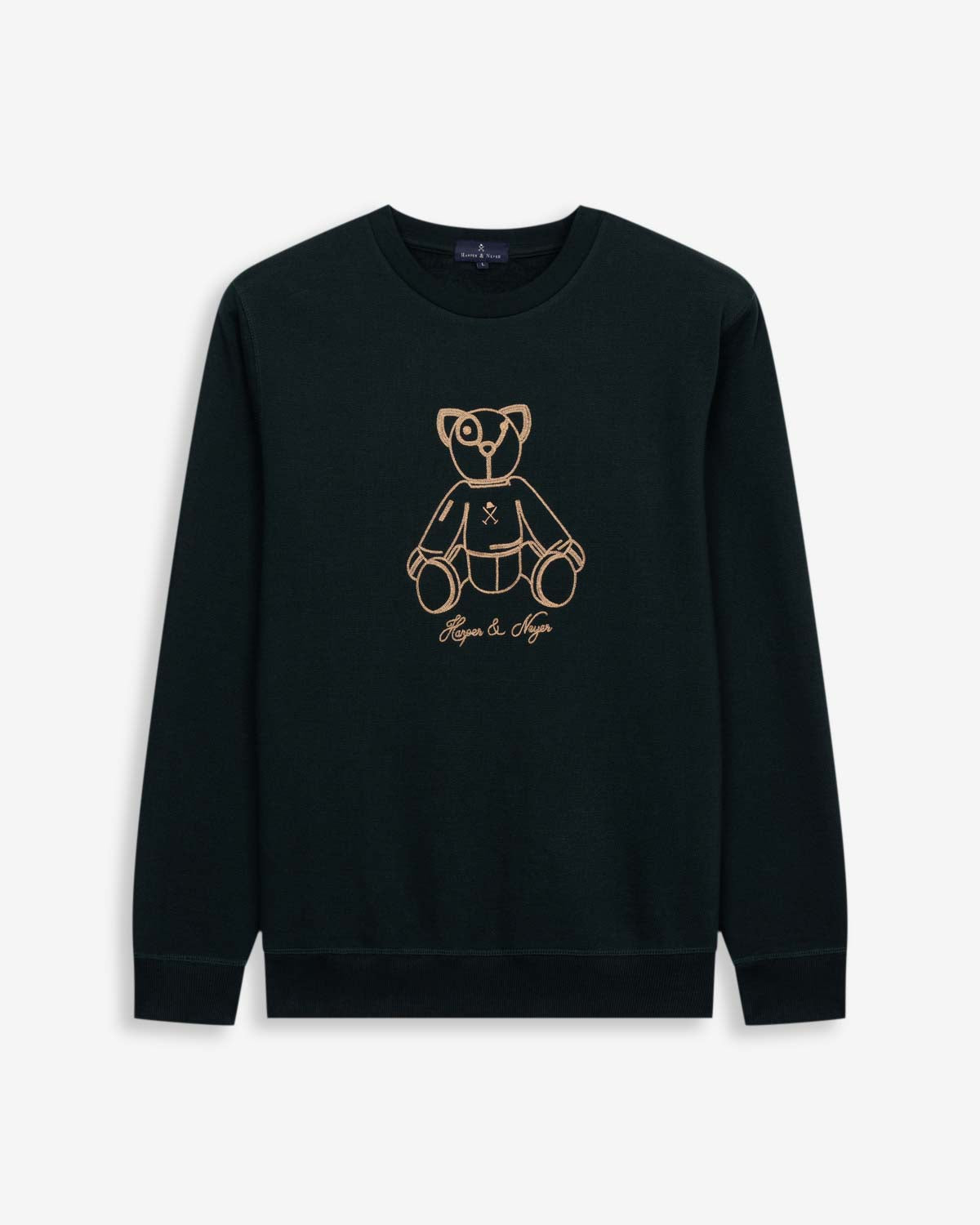 Sudadera FLUFFY BEAR de Harper & Neyer en verde botella, vista frontal con oso ilustrado bordado en hilo mostaza dorado