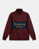 Sudadera Half-Zip Maryland de Harper & Neyer en burdeos, bodegón frontal con panel y cremallera dorada