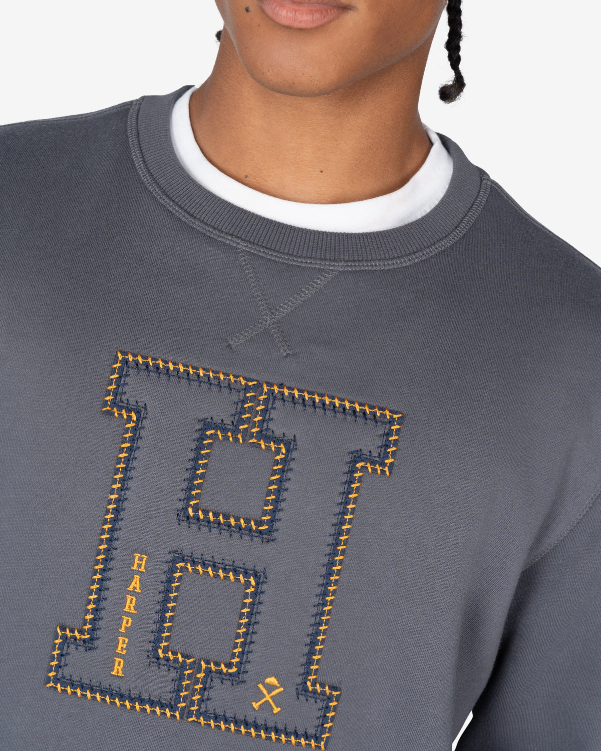 Detalle de la H bordada en appliqué azul marino con cadeneta amarilla mostaza y detalles HARPER y casco de la sudadera HARVARD antracita