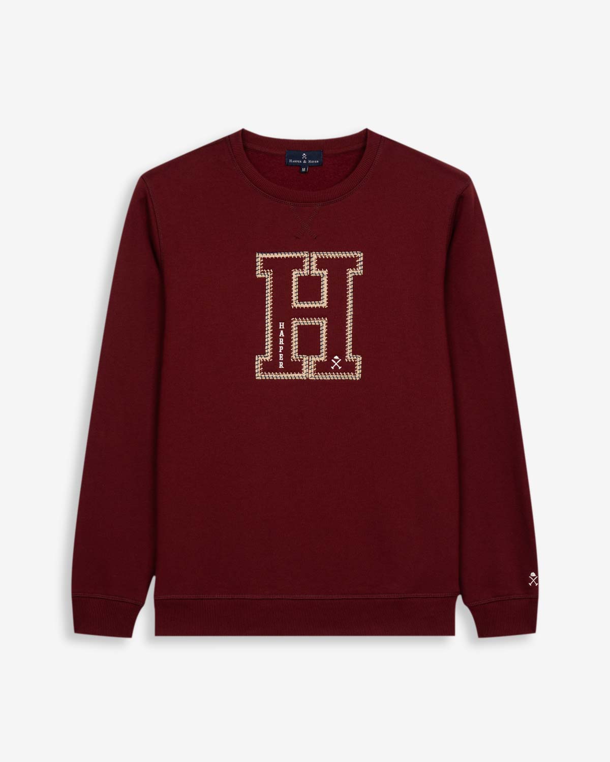 Sudadera HARVARD de Harper & Neyer en burdeos, vista frontal con gran H bordada en appliqué crudo y cadeneta dorada