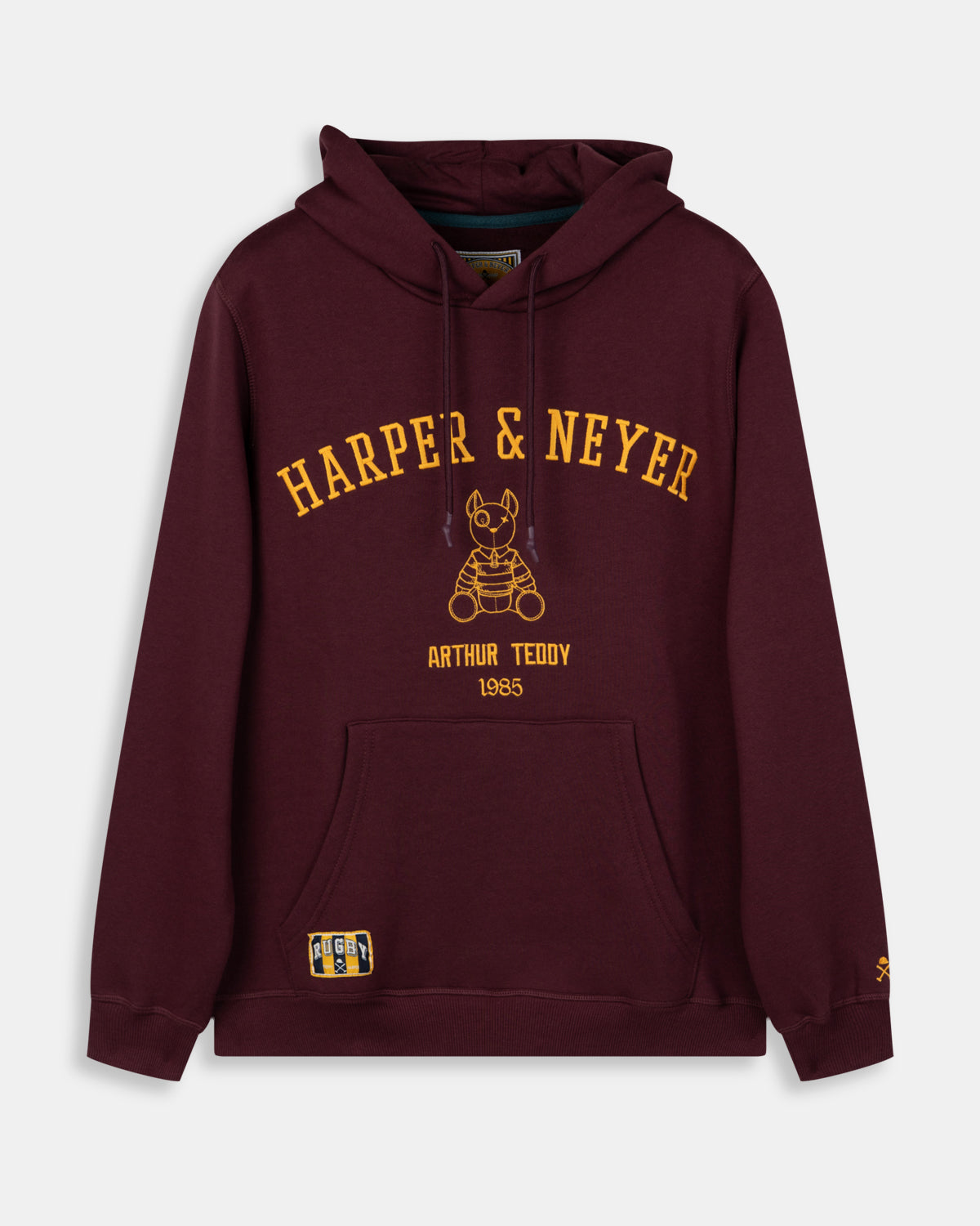 Sudadera Hoodie Arthur de Harper & Neyer en burdeos, bodegón frontal con parche Rugby y capucha