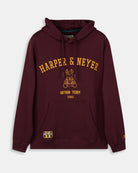 Sudadera Hoodie Arthur de Harper & Neyer en burdeos, bodegón frontal con parche Rugby y capucha