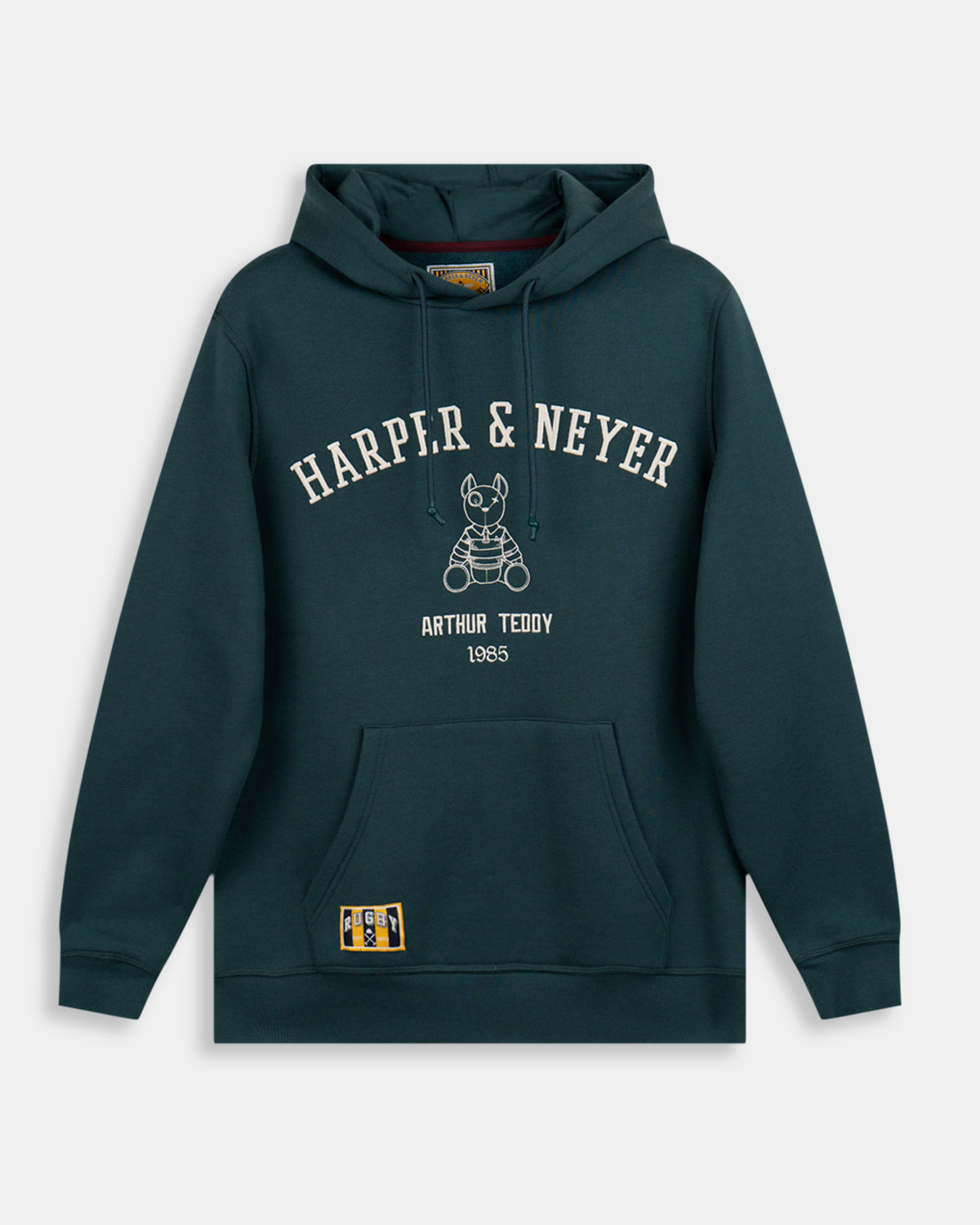 Sudadera Hoodie Arthur de Harper & Neyer en verde bosque, bodegón frontal con parche Rugby y capucha